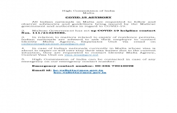 UPDATED COVID-19 ADVISORY FOR INDIAN NATIONALS IN MALTA 
